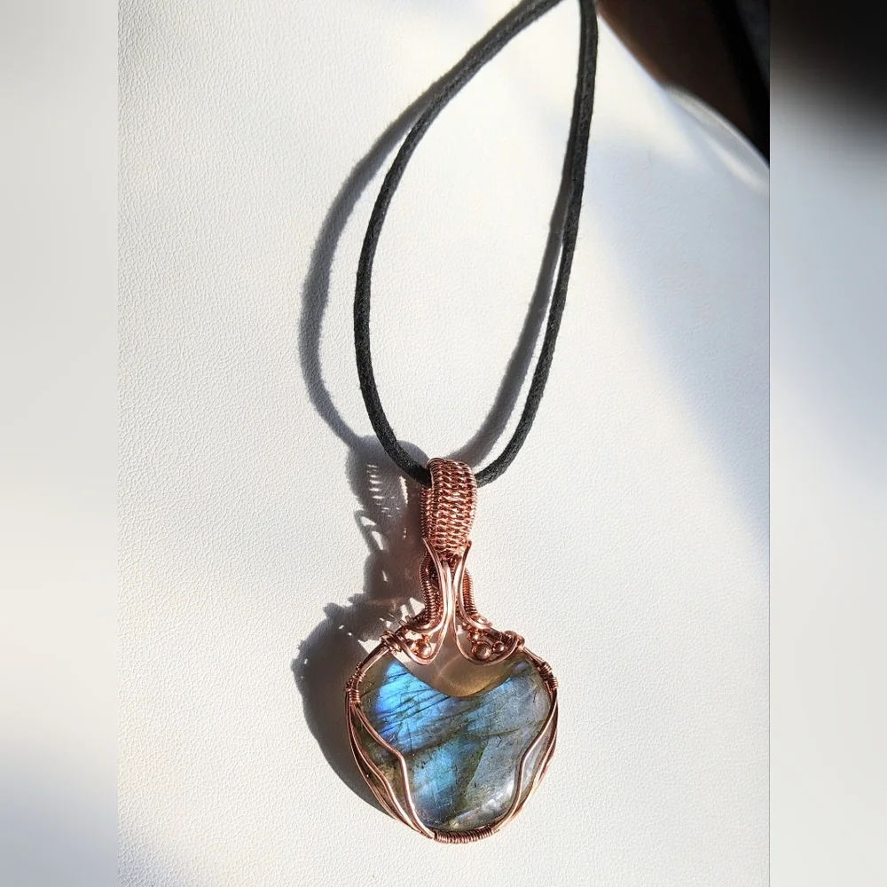 Ethereal Moon Pendant-Artisan-Blue Labradorite Gemstone-Copper Wire Wrap - Picture 7 of 17